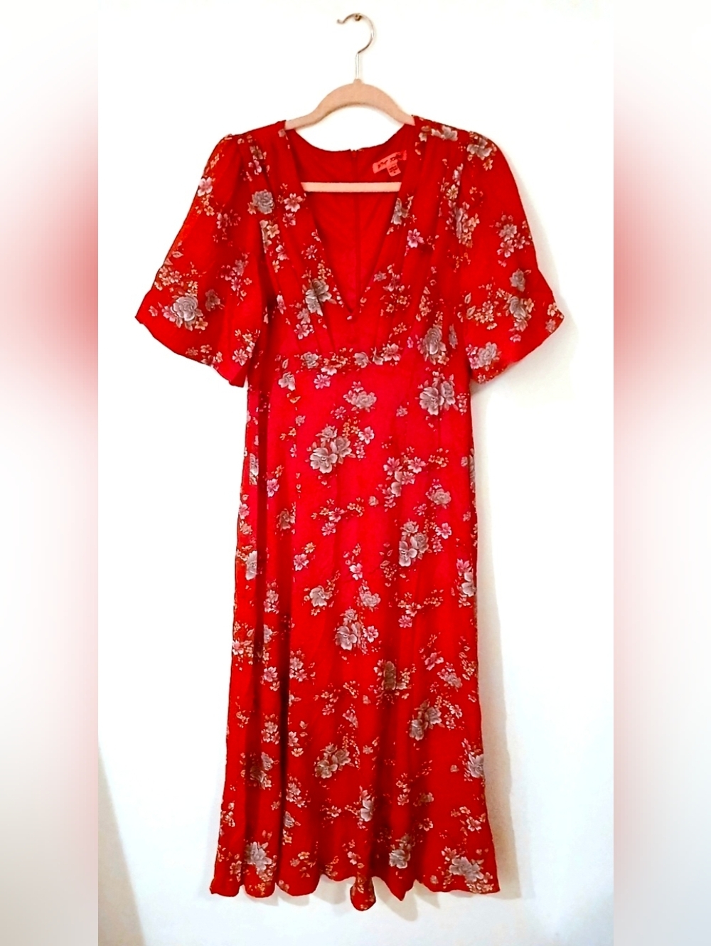 Vintage Betsey Johnson Red Floral Dress Midi 90s Romantic Grunge